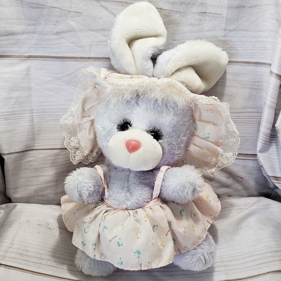 Vtg Purple Bunny Rabbit 13" Plush Stuffed Animal MTY International Pink Dress - Picture 1 of 12